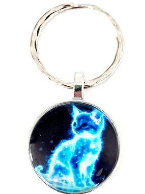 Glowing Blue Cat Keychain Galaxy Cosmic Space Kitty Aesthetic Gift Pet Lover